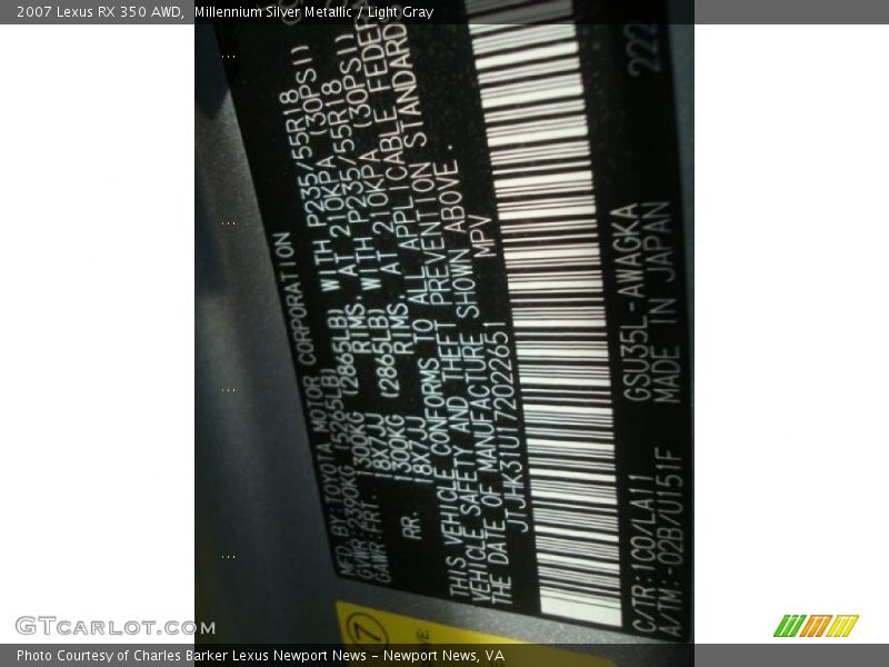 Millennium Silver Metallic / Light Gray 2007 Lexus RX 350 AWD