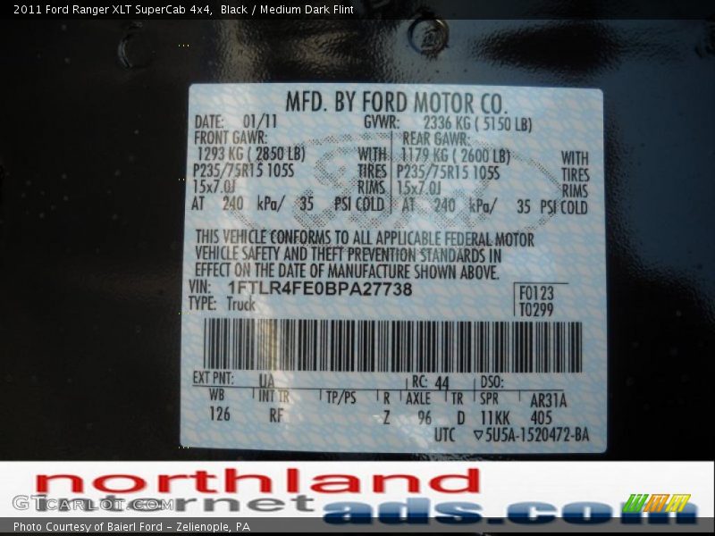Black / Medium Dark Flint 2011 Ford Ranger XLT SuperCab 4x4