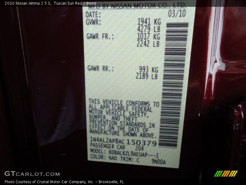 2010 Altima 2.5 S Tuscan Sun Red Color Code NAD