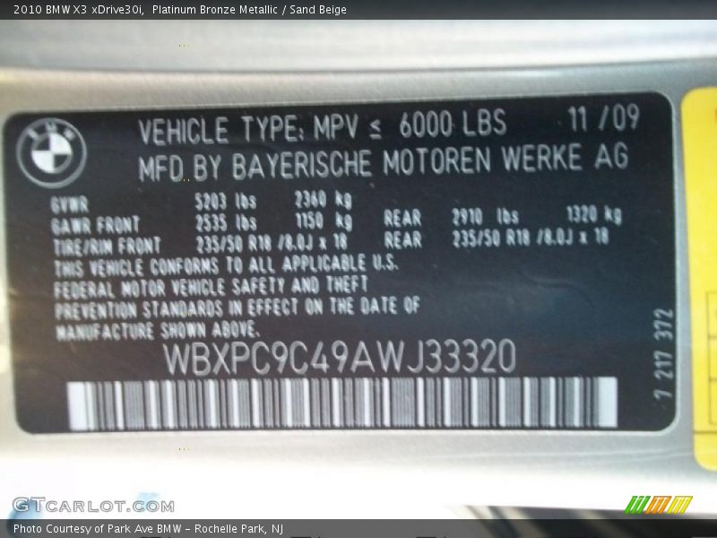 Platinum Bronze Metallic / Sand Beige 2010 BMW X3 xDrive30i