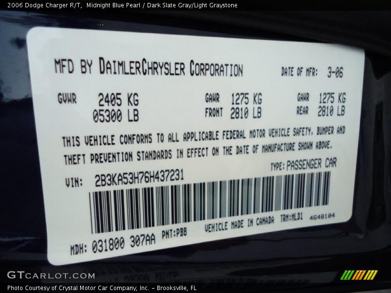 Midnight Blue Pearl / Dark Slate Gray/Light Graystone 2006 Dodge Charger R/T