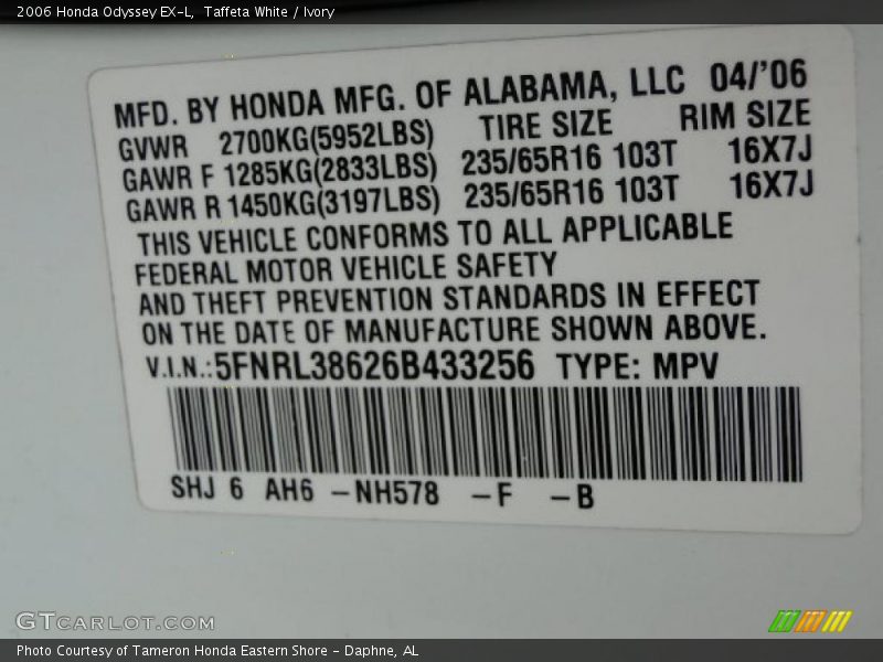 Taffeta White / Ivory 2006 Honda Odyssey EX-L