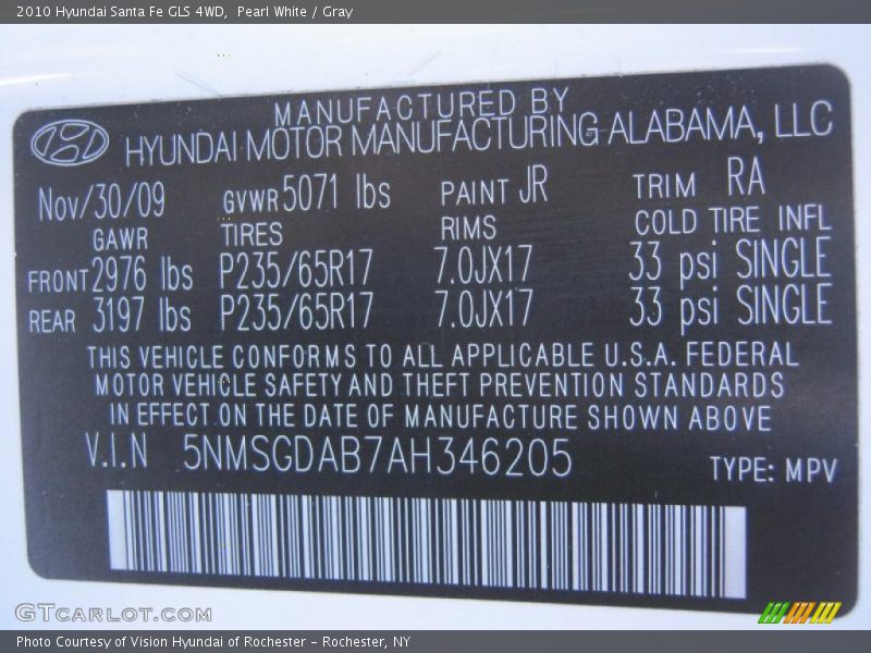 Pearl White / Gray 2010 Hyundai Santa Fe GLS 4WD