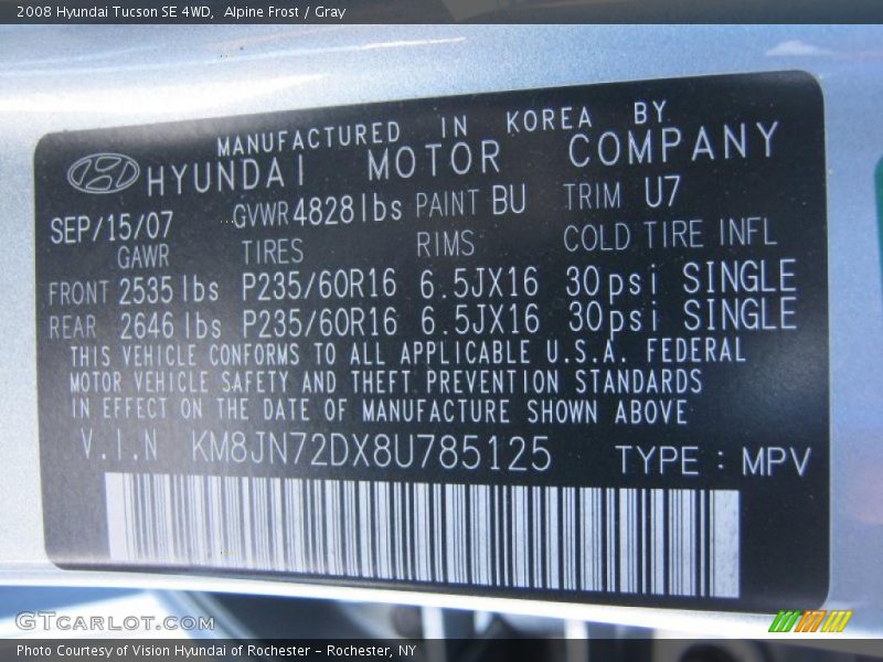 Alpine Frost / Gray 2008 Hyundai Tucson SE 4WD