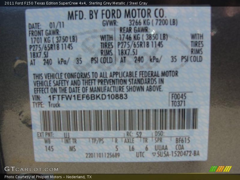 2011 F150 Texas Edition SuperCrew 4x4 Sterling Grey Metallic Color Code UJ