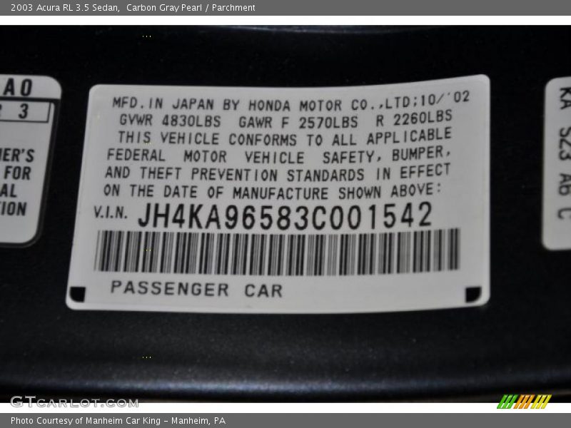 Carbon Gray Pearl / Parchment 2003 Acura RL 3.5 Sedan