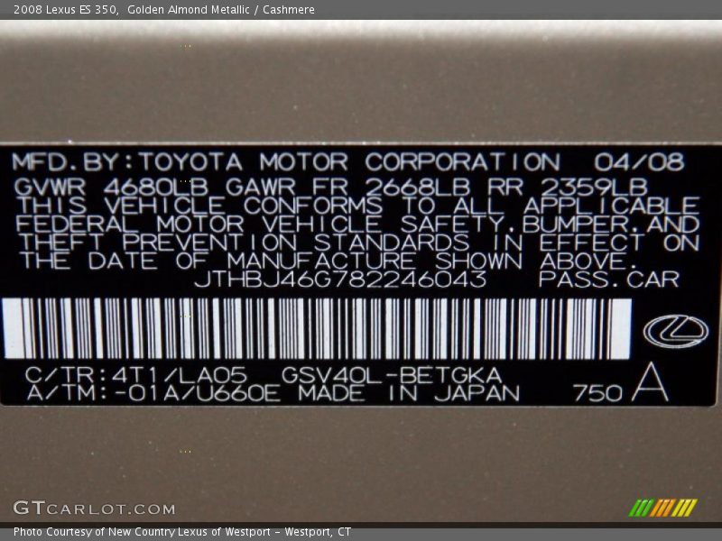Golden Almond Metallic / Cashmere 2008 Lexus ES 350