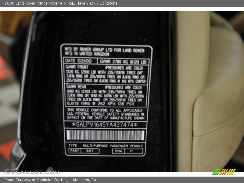2000 Range Rover 4.6 HSE Java Black Color Code 697