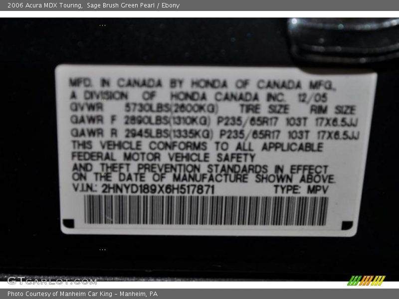 Sage Brush Green Pearl / Ebony 2006 Acura MDX Touring