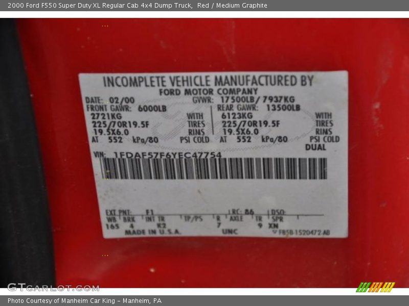 Red / Medium Graphite 2000 Ford F550 Super Duty XL Regular Cab 4x4 Dump Truck