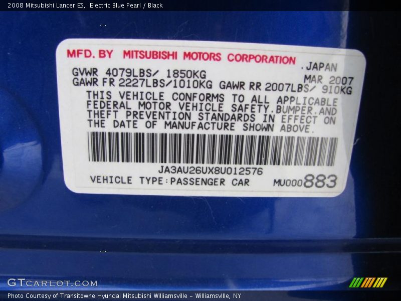 Electric Blue Pearl / Black 2008 Mitsubishi Lancer ES