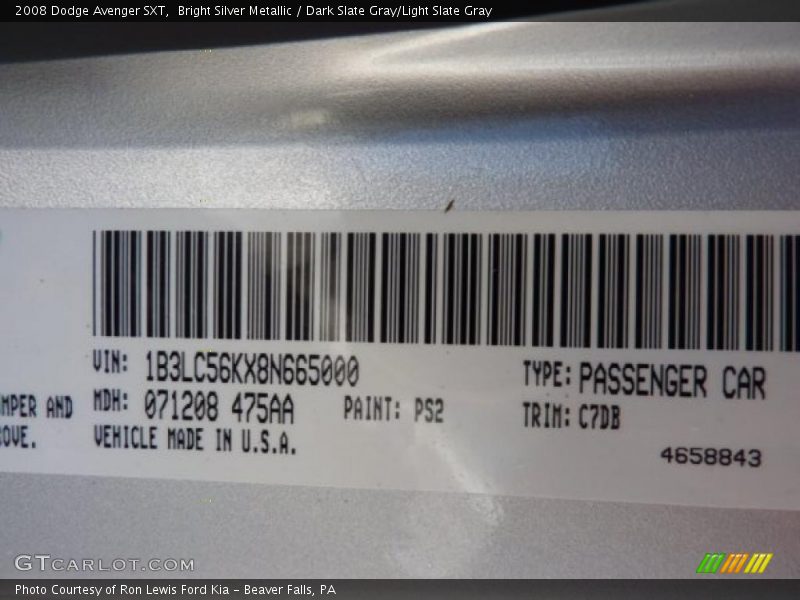 Bright Silver Metallic / Dark Slate Gray/Light Slate Gray 2008 Dodge Avenger SXT