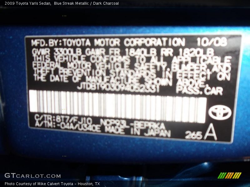 Blue Streak Metallic / Dark Charcoal 2009 Toyota Yaris Sedan