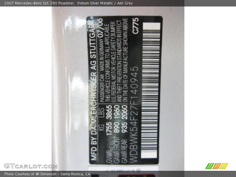 Iridium Silver Metallic / Ash Grey 2007 Mercedes-Benz SLK 280 Roadster