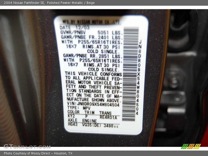 Polished Pewter Metallic / Beige 2004 Nissan Pathfinder SE