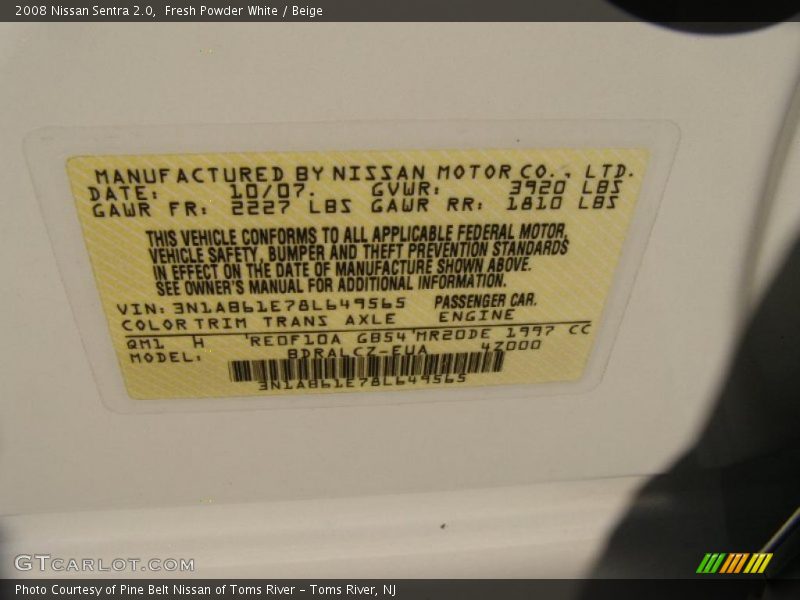 Fresh Powder White / Beige 2008 Nissan Sentra 2.0