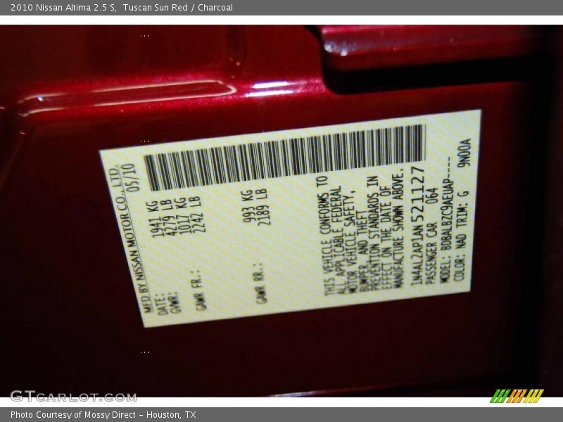2010 Altima 2.5 S Tuscan Sun Red Color Code NAD