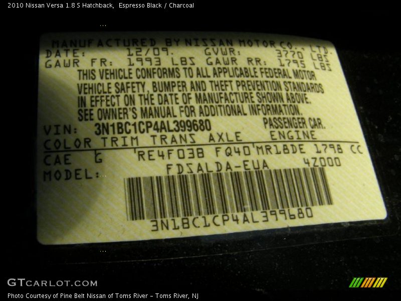 2010 Versa 1.8 S Hatchback Espresso Black Color Code CAE