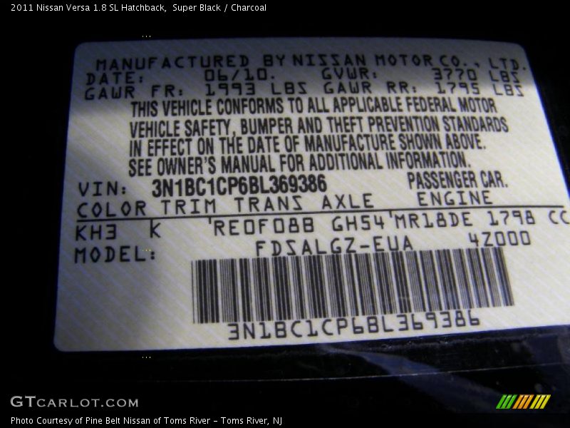 2011 Versa 1.8 SL Hatchback Super Black Color Code KH3