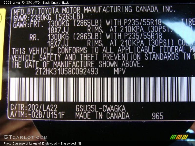 Black Onyx / Black 2008 Lexus RX 350 AWD