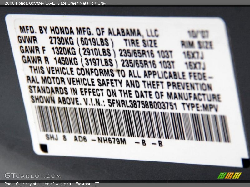 Slate Green Metallic / Gray 2008 Honda Odyssey EX-L