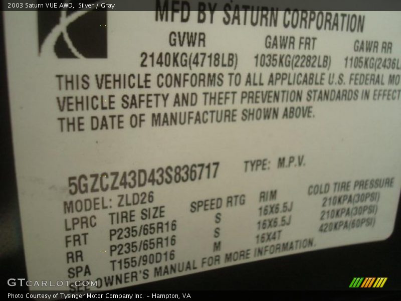 Silver / Gray 2003 Saturn VUE AWD