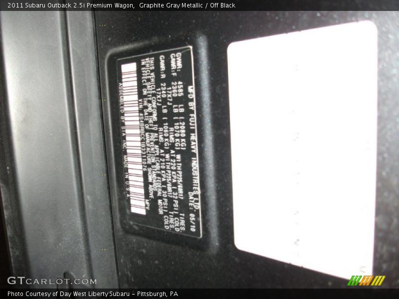 Graphite Gray Metallic / Off Black 2011 Subaru Outback 2.5i Premium Wagon