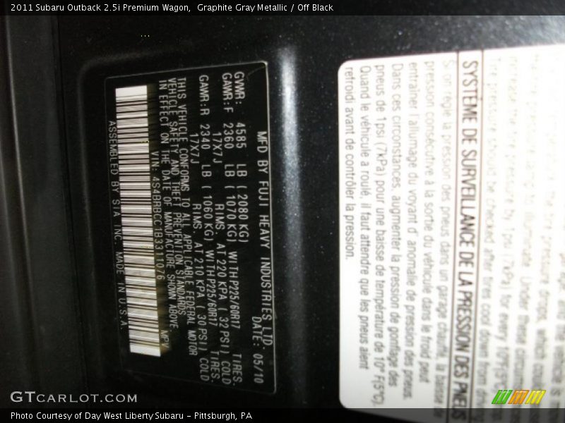 Graphite Gray Metallic / Off Black 2011 Subaru Outback 2.5i Premium Wagon