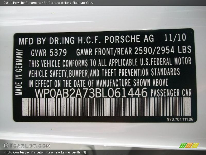 Info Tag of 2011 Panamera 4S