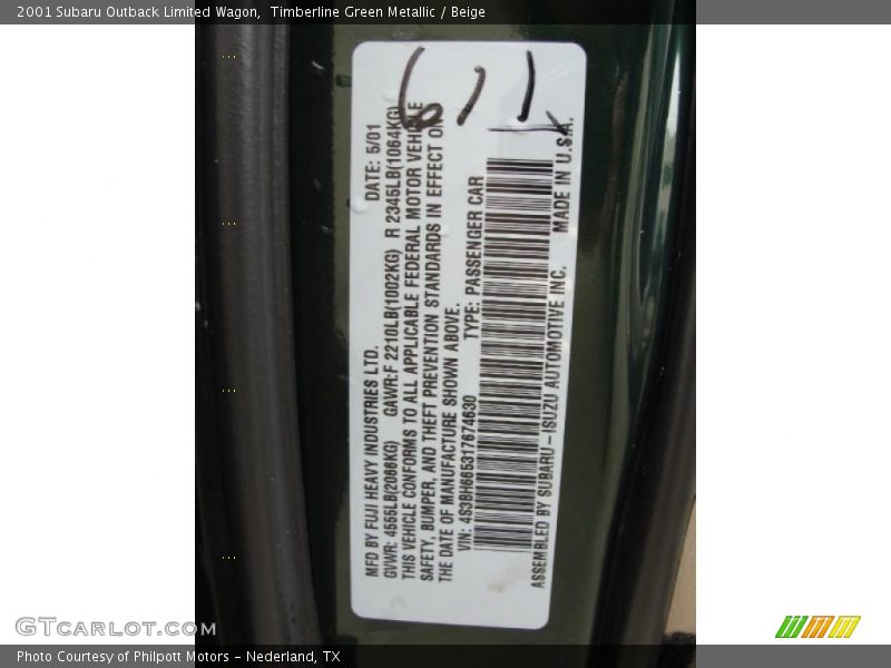 Timberline Green Metallic / Beige 2001 Subaru Outback Limited Wagon