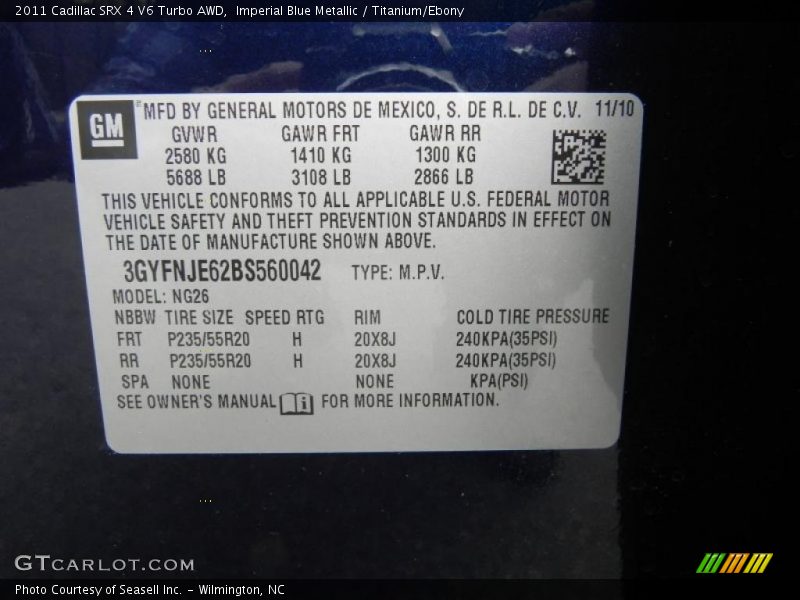 Info Tag of 2011 SRX 4 V6 Turbo AWD