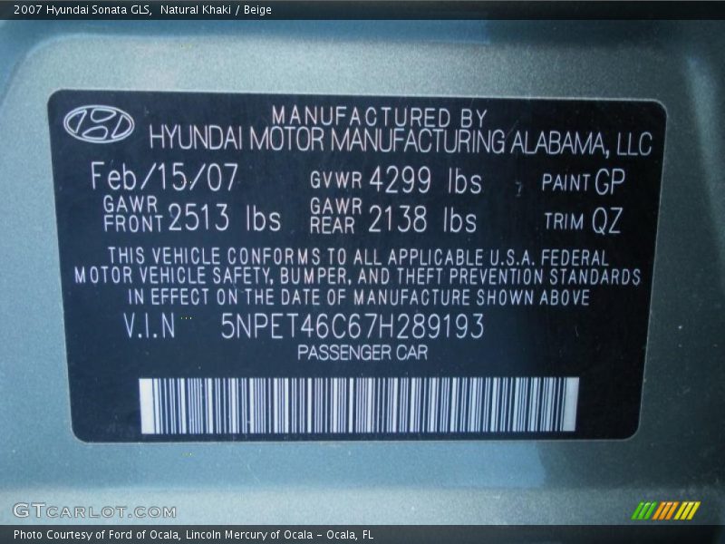 Natural Khaki / Beige 2007 Hyundai Sonata GLS