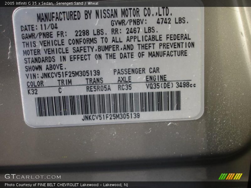 2005 G 35 x Sedan Serengeti Sand Color Code K32