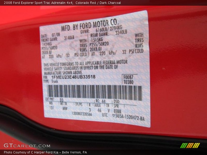 2008 Explorer Sport Trac Adrenalin 4x4 Colorado Red Color Code D3