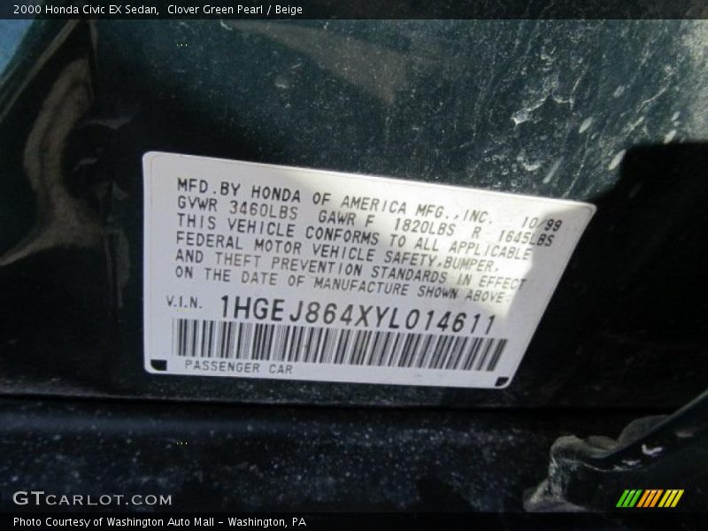 Clover Green Pearl / Beige 2000 Honda Civic EX Sedan