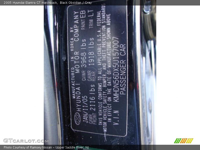 2005 Elantra GT Hatchback Black Obsidian Color Code EB