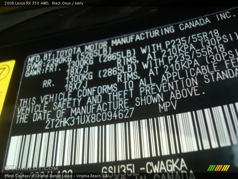 Black Onyx / Ivory 2008 Lexus RX 350 AWD