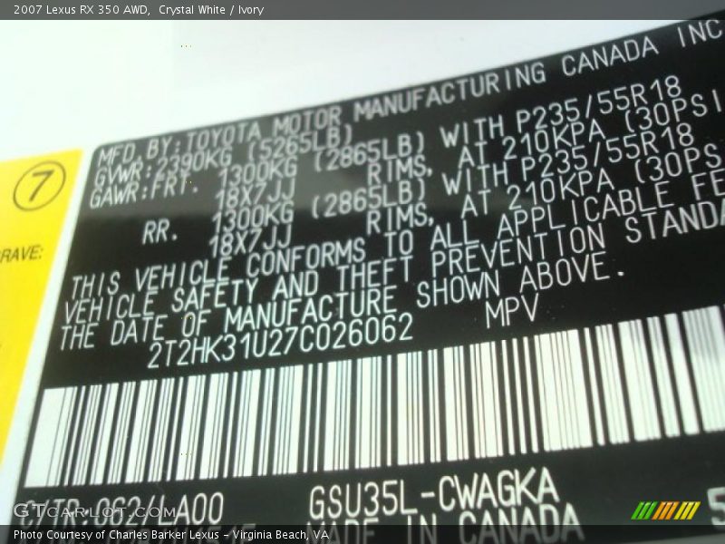 Crystal White / Ivory 2007 Lexus RX 350 AWD
