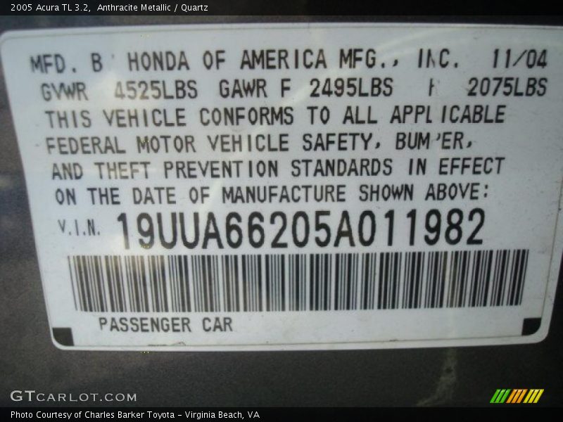 Anthracite Metallic / Quartz 2005 Acura TL 3.2