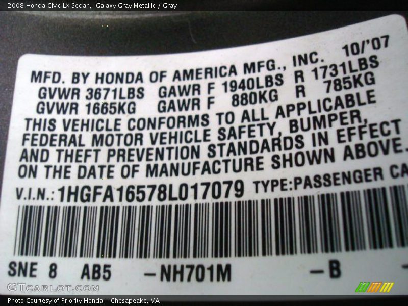 Galaxy Gray Metallic / Gray 2008 Honda Civic LX Sedan