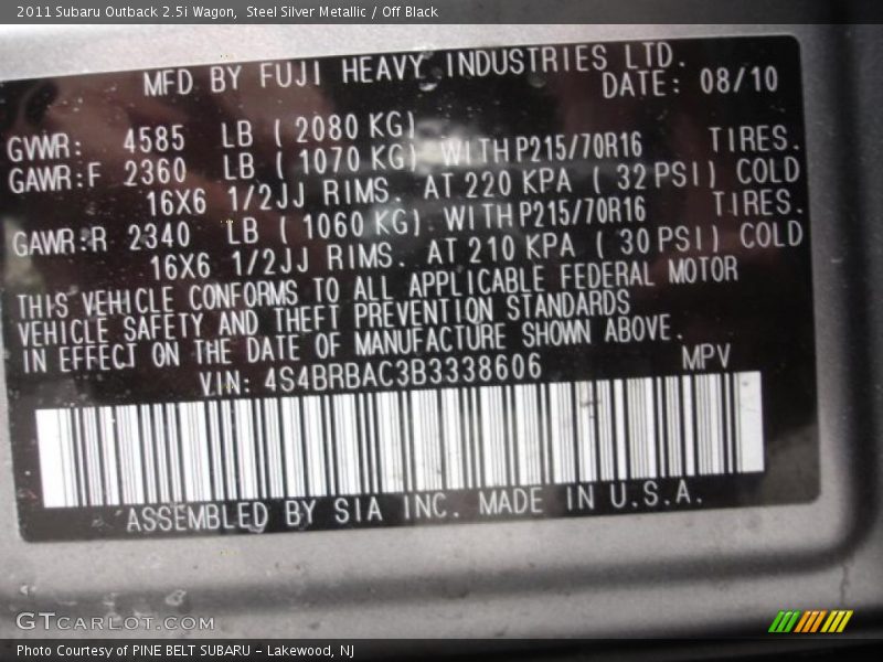 Info Tag of 2011 Outback 2.5i Wagon