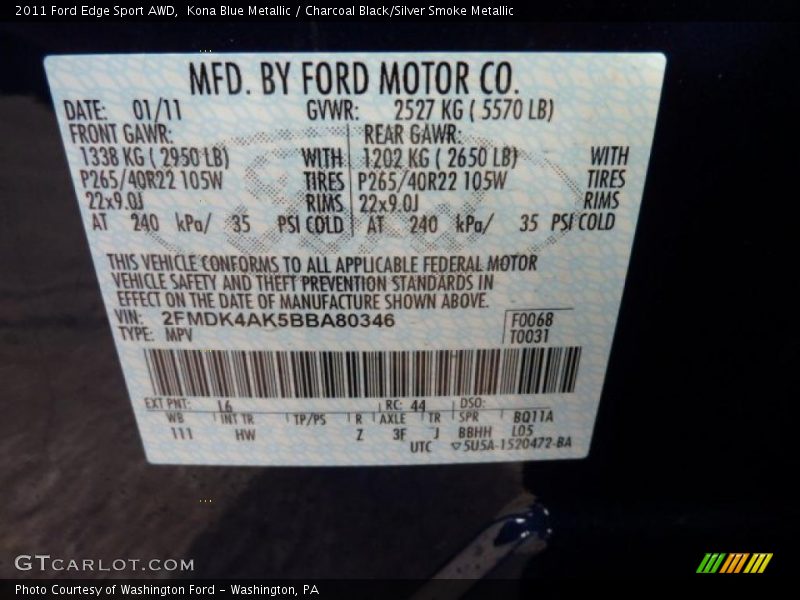 2011 Edge Sport AWD Kona Blue Metallic Color Code L6