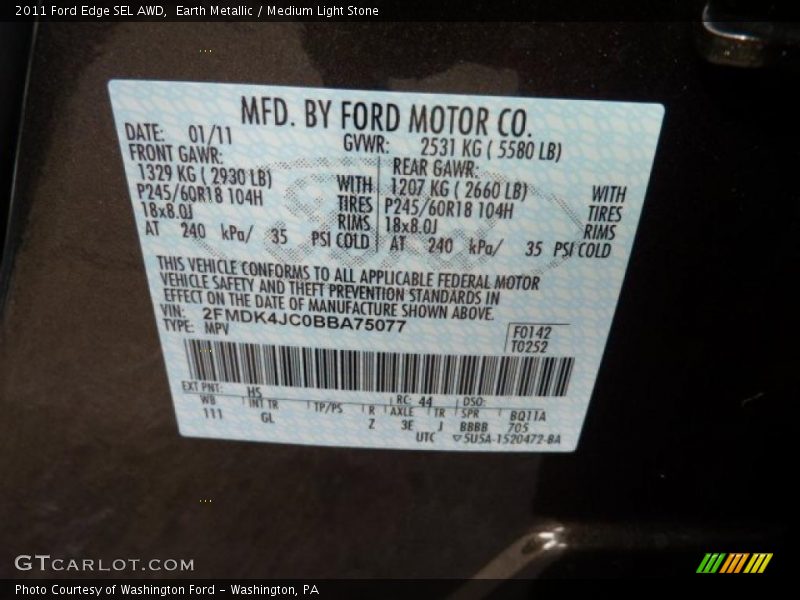 2011 Edge SEL AWD Earth Metallic Color Code HS