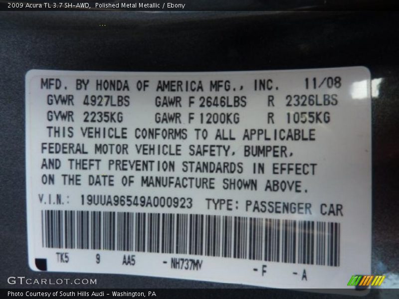 2009 TL 3.7 SH-AWD Polished Metal Metallic Color Code NH737MV