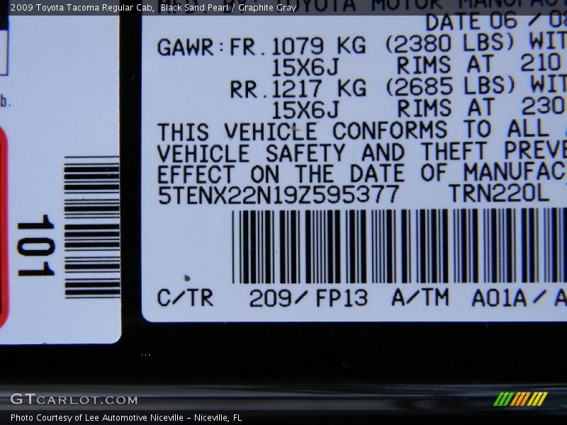 Black Sand Pearl / Graphite Gray 2009 Toyota Tacoma Regular Cab