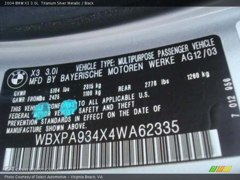 Titanium Silver Metallic / Black 2004 BMW X3 3.0i