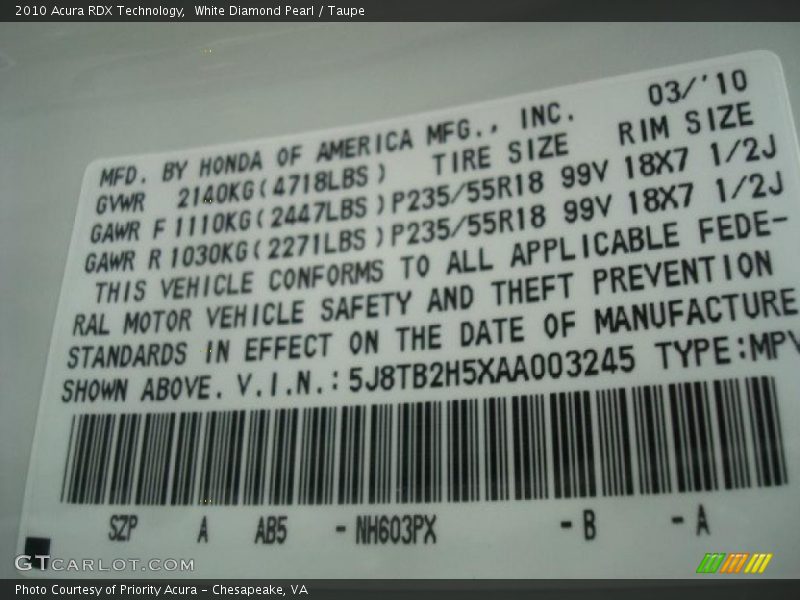 2010 RDX Technology White Diamond Pearl Color Code NH603PX