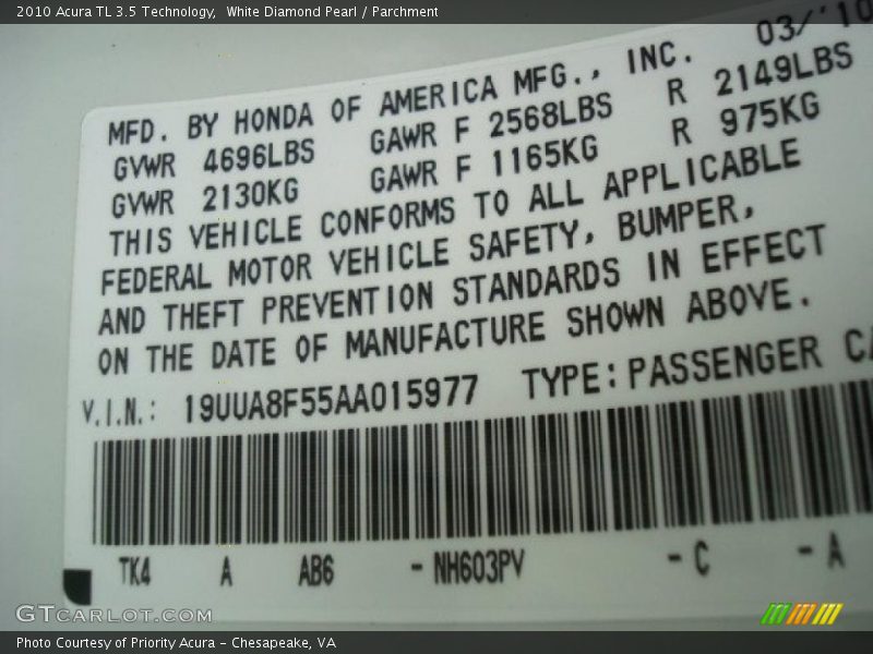 White Diamond Pearl / Parchment 2010 Acura TL 3.5 Technology