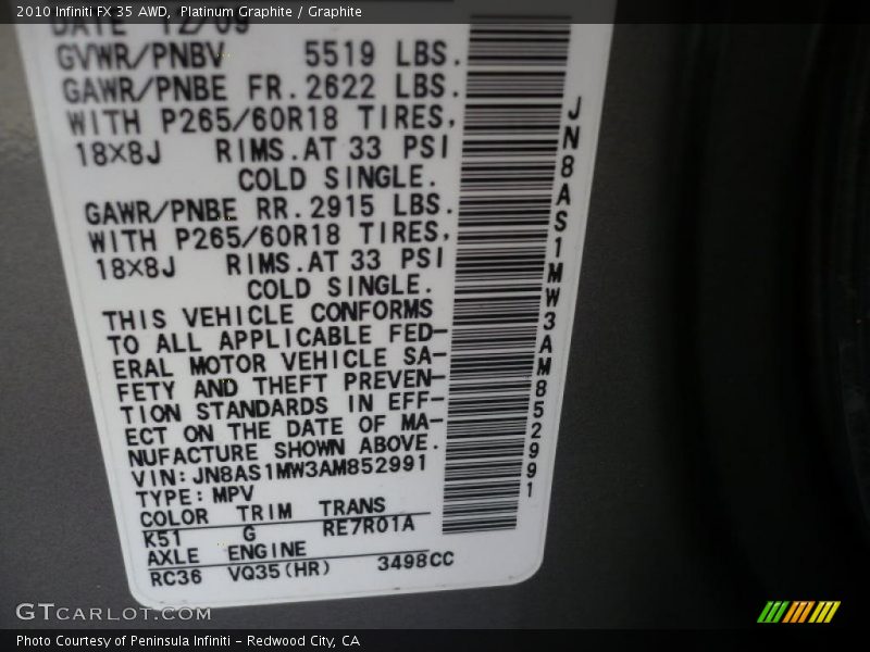 Platinum Graphite / Graphite 2010 Infiniti FX 35 AWD