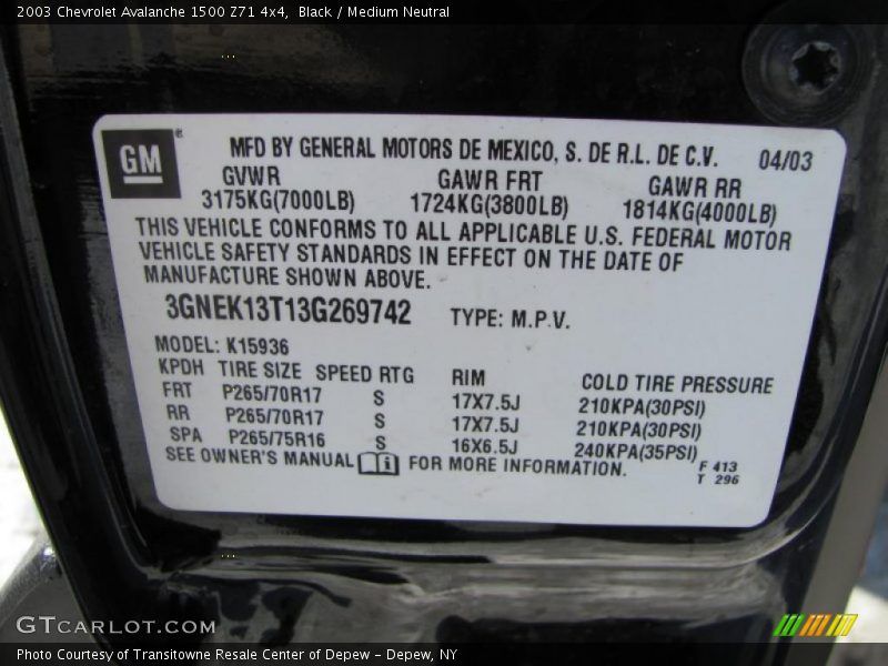 Black / Medium Neutral 2003 Chevrolet Avalanche 1500 Z71 4x4